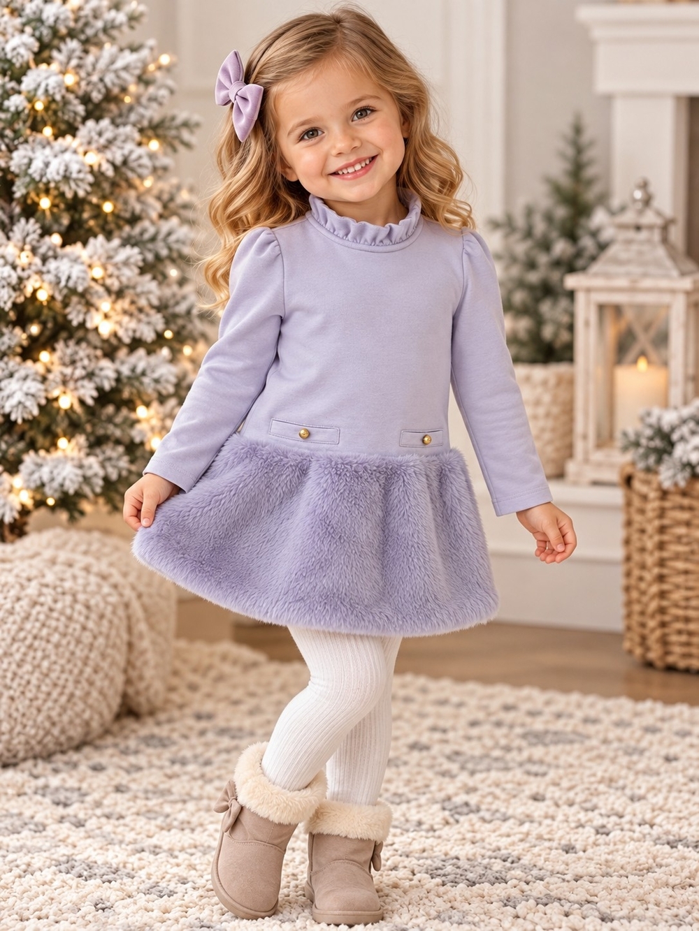 Janie and Jack Girls Size 4 Lavender Faux Fur Tunic Dress Long Sleeve